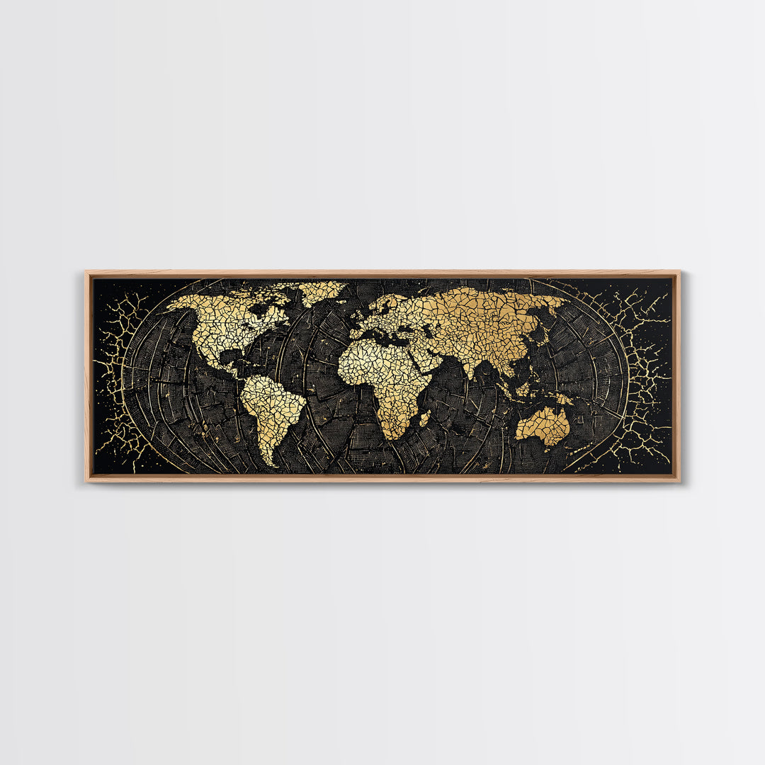 Gold Cracked World Map On Black Canvas Print, African Travel Wall Art, Luxury Home Decor, Modern Office Decor, Gift For Him