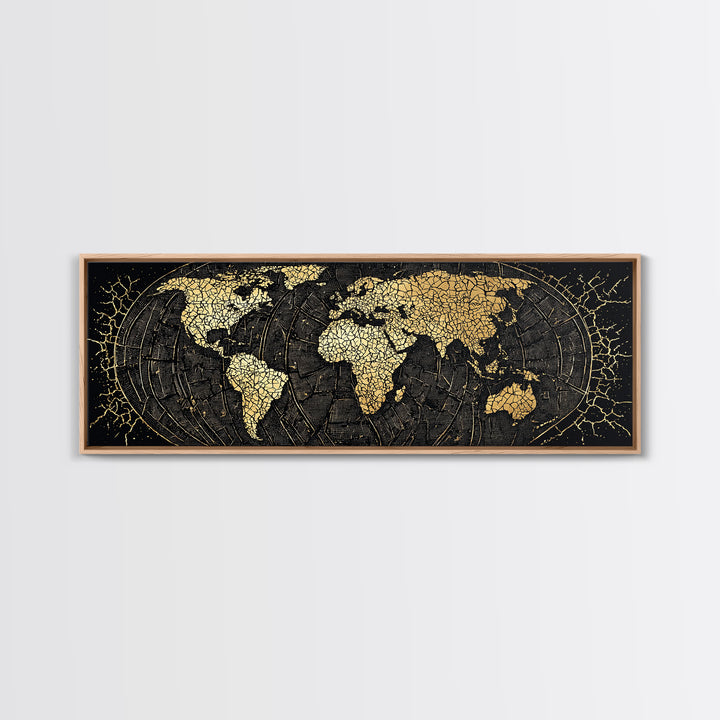 Gold Cracked World Map On Black Canvas Print, African Travel Wall Art, Luxury Home Decor, Modern Office Decor, Gift For Him