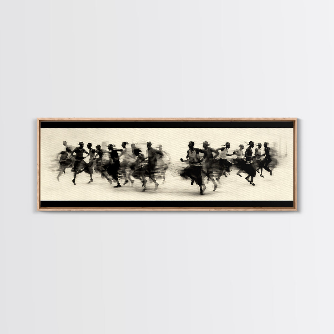 Panoramic Black Runners In Motion Wall Art, African Dance Art Print, Minimalist Charcoal Canvas Print, Modern Home Decor