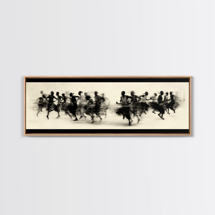 Panoramic Black Runners In Motion Wall Art, African Dance Art Print, Minimalist Charcoal Canvas Print, Modern Home Decor
