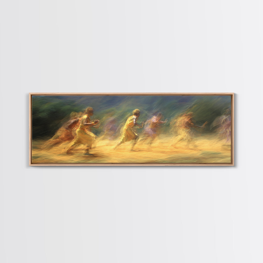 Sunlit Impressionist Runners Across Landscape Wall Art, African Inspired Canvas Print, Dreamy Nature Scene Art, Large Decor Art