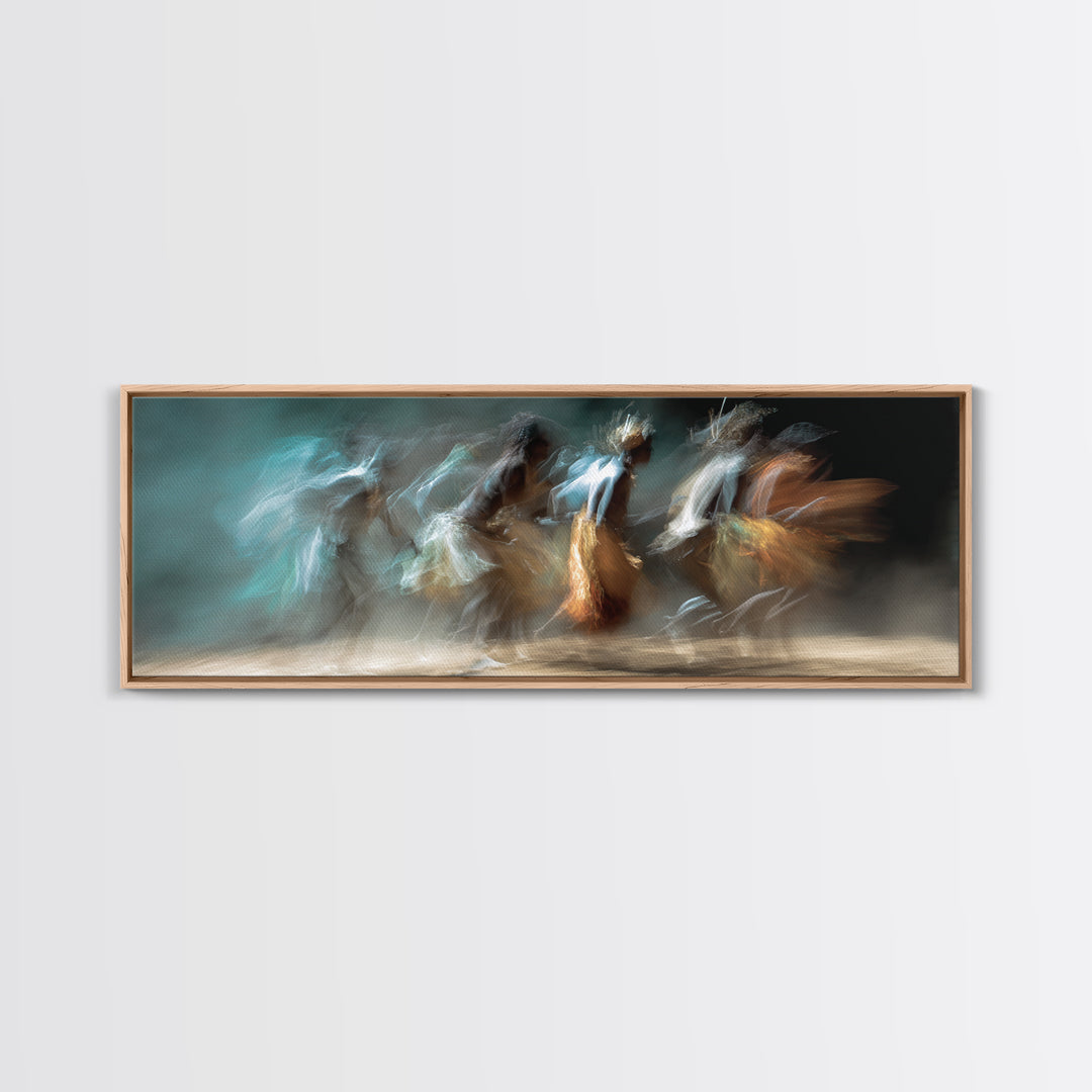 Blurred African Dancers In Blue And Amber Motion Wall Art, Afrocentric Canvas Decor, Cultural Dance Print, Living Room Art