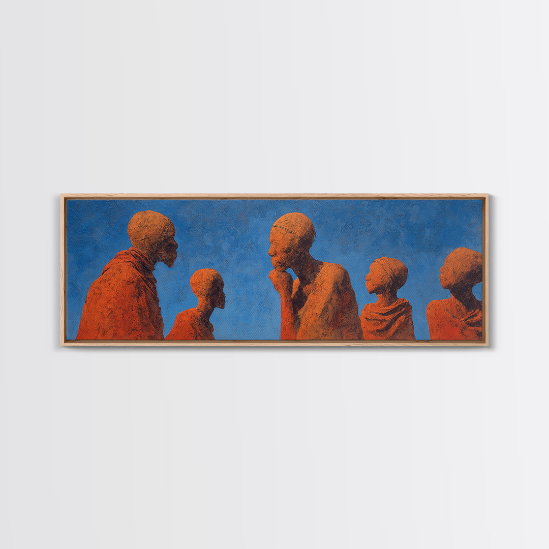 Terracotta African Figures Sharing Stories On Blue Wall Art, Tribal Family Decor, Cultural Portrait Print, Warm Minimalist Art