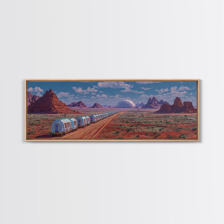 Futuristic Desert Train Crossing Red Plains Canvas Print, African Landscape Wall Art, Modern Canvas Art, Large Home Decor