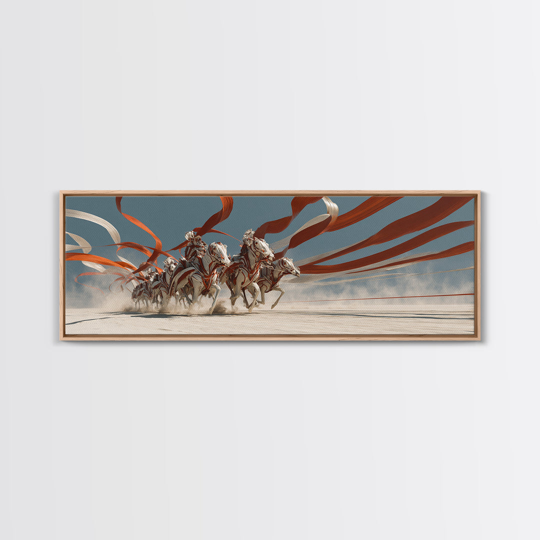 White Horses And Chariot Riders With Flowing Ribbons Wall Art, African Warrior Art, Equestrian Canvas Print, Statement Decor