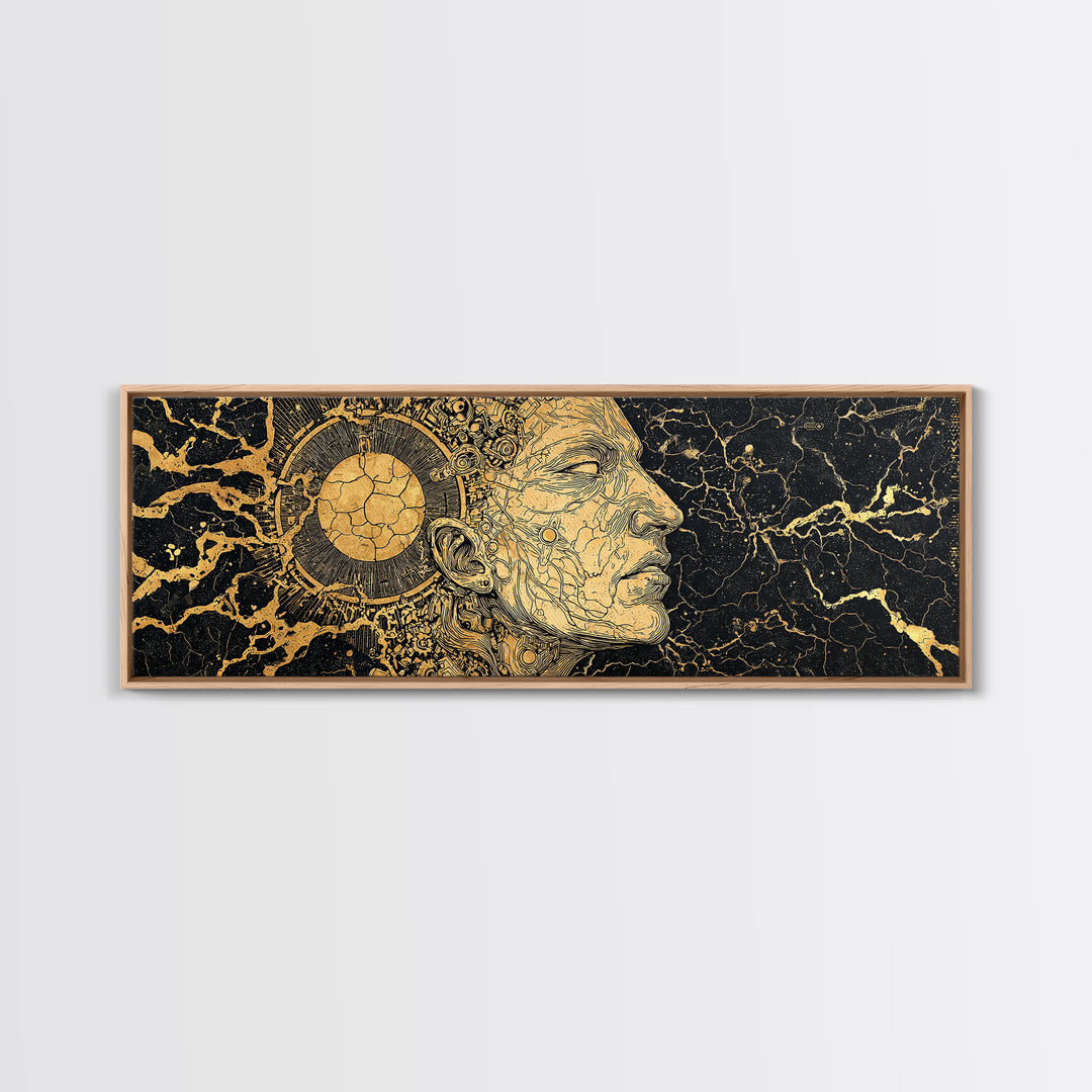Golden Ancestral Profile Wall Art, African Portrait Linework, Black And Gold Cultural Canvas Print, Elegant Home Decor Gift