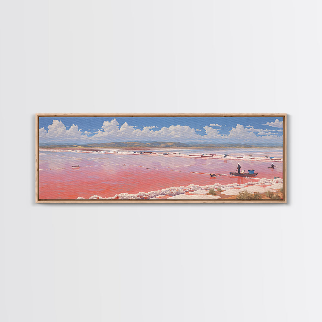 Pink Salt Lake Boats Wall Art, Pastel African Landscape, Coastal Travel Poster, Serene Canvas Decor For Living Room Gift