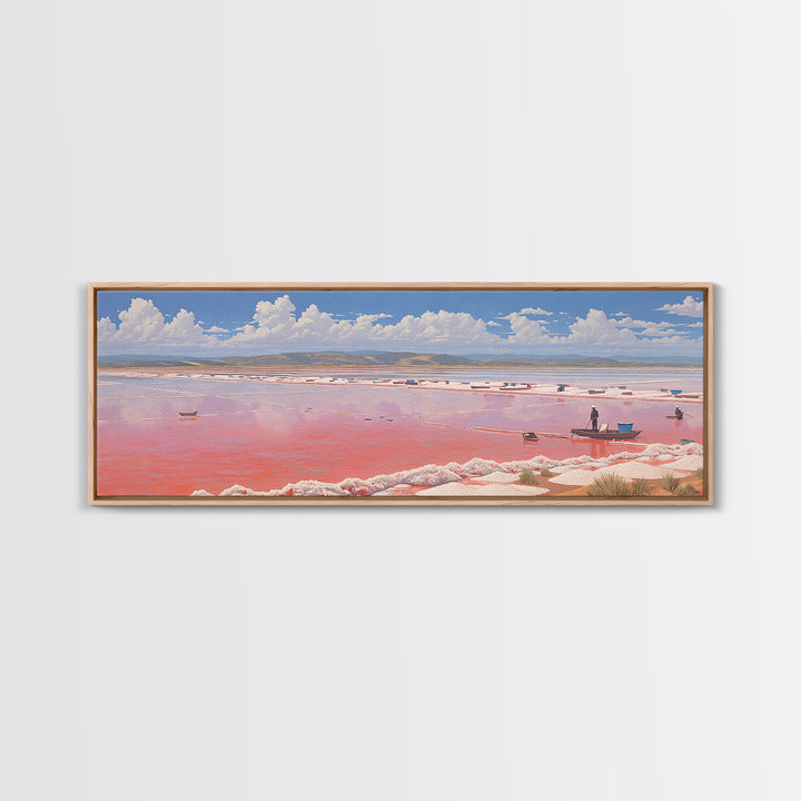 Pink Salt Lake Boats Wall Art, Pastel African Landscape, Coastal Travel Poster, Serene Canvas Decor For Living Room Gift