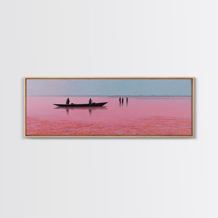 Minimal Pink Lake Boat Wall Art, African Seascape Print, Black Silhouette Decor, Calm Pastel Landscape For Bedroom Wall Decor