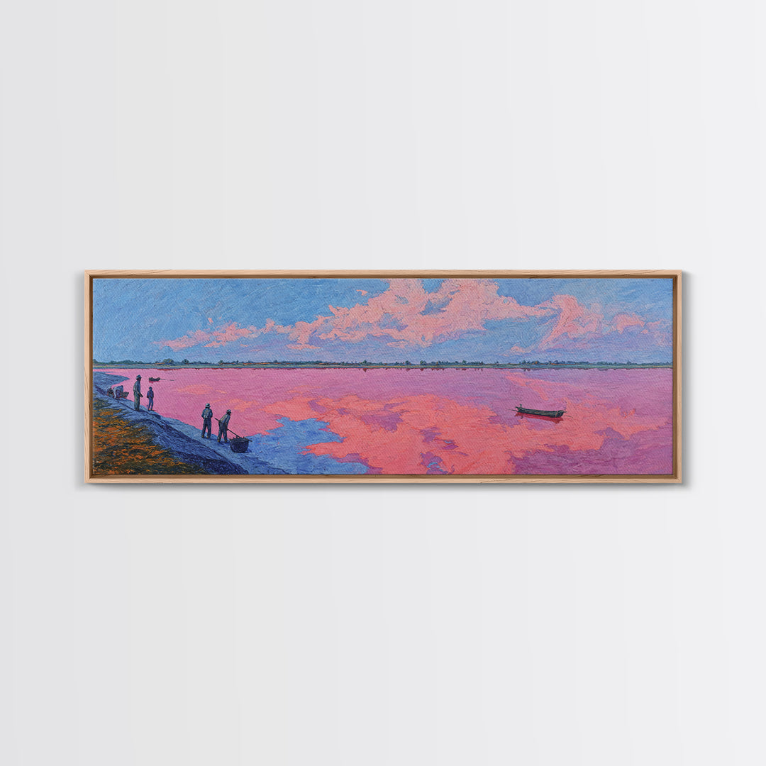 Pastel Pink Lake Sunset Canvas Print, African Landscape With Boat, Dreamy Wall Decor, Modern Coastal Art For Living Room