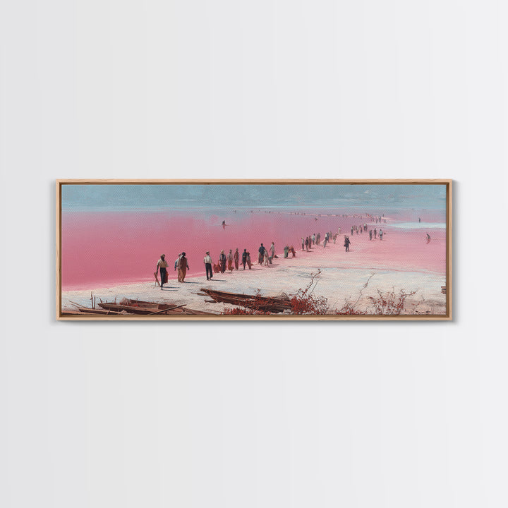 Pink Salt Flats Procession Wall Art, African Lake Landscape, Coastal Travel Poster, Pastel Canvas Decor For Living Room Gift