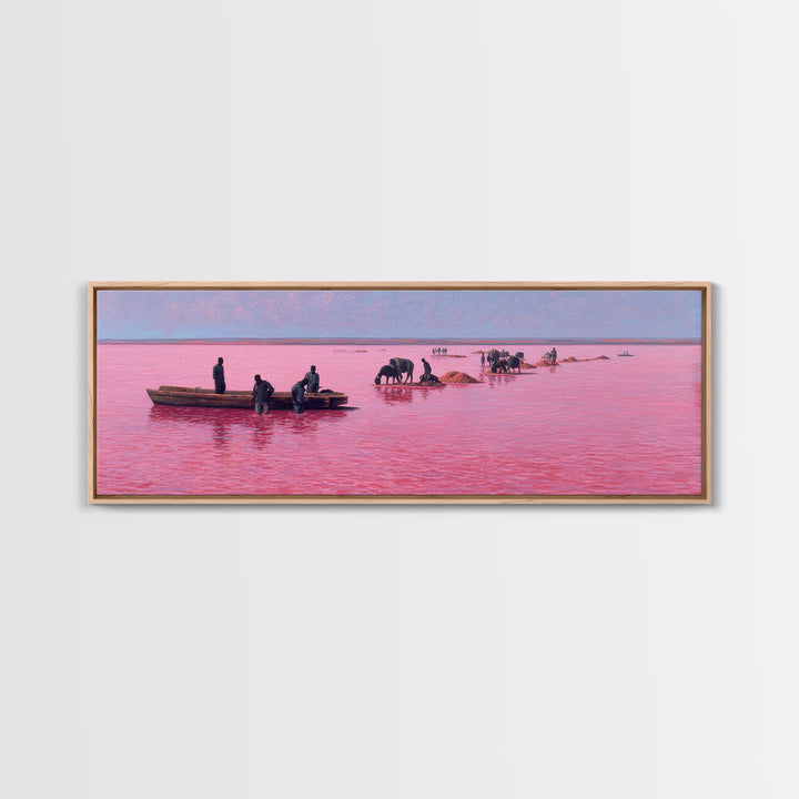 Pink Lake Salt Harvest Canvas Print, African Boats And Cattle Landscape, Coastal Wall Decor, Unique Living Room Art Gift