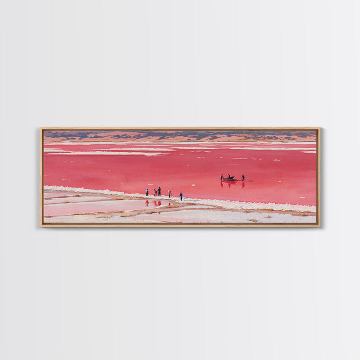 Red Pink Salt Lake Boat Wall Art, African Coastal Landscape, Minimal Travel Poster, Vibrant Canvas Style For Living Room Decor