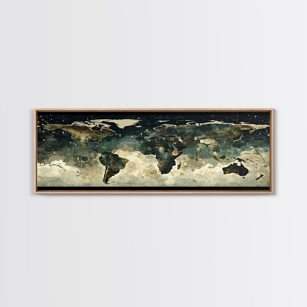 Abstract World Map Wall Art, Earth Tone Travel Decor, Modern Canvas Print Style, Office Geography Poster For Home Office Decor