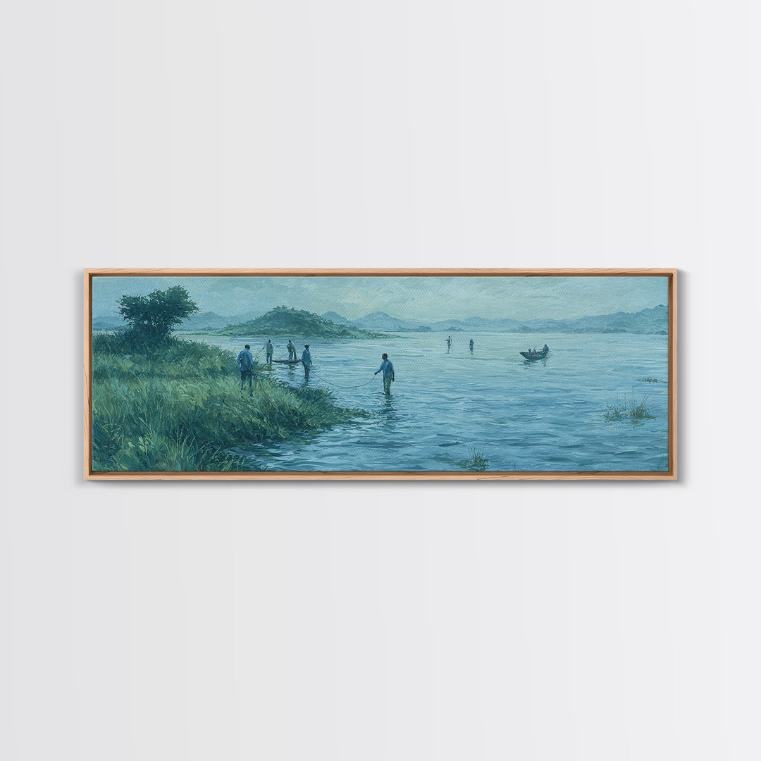 Blue Lakeside Village Landscape Wall Art, African Landscape Canvas Print, Serene Nature Scene, Living Room Decor Gift For Home