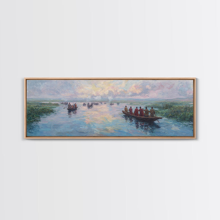 Pastel River Boats At Sunset Wall Art, African Landscape Canvas Print, Serene Safari Decor, Coastal Living Room Gift For Home