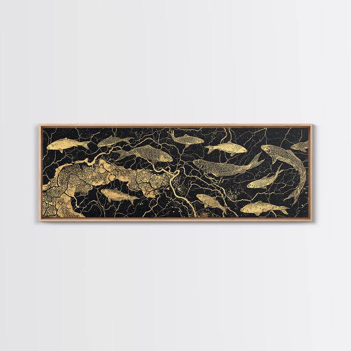 Gold Koi Fish And Cracked Map Wall Art, Black And Gold Canvas Print, African Inspired Decor, Luxury Statement Home Art Gift