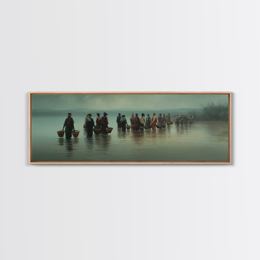Misty African Fishermen Procession Wall Art, Panoramic Lake Landscape, Cultural African Decor, Serene Safari Home Decor Gift