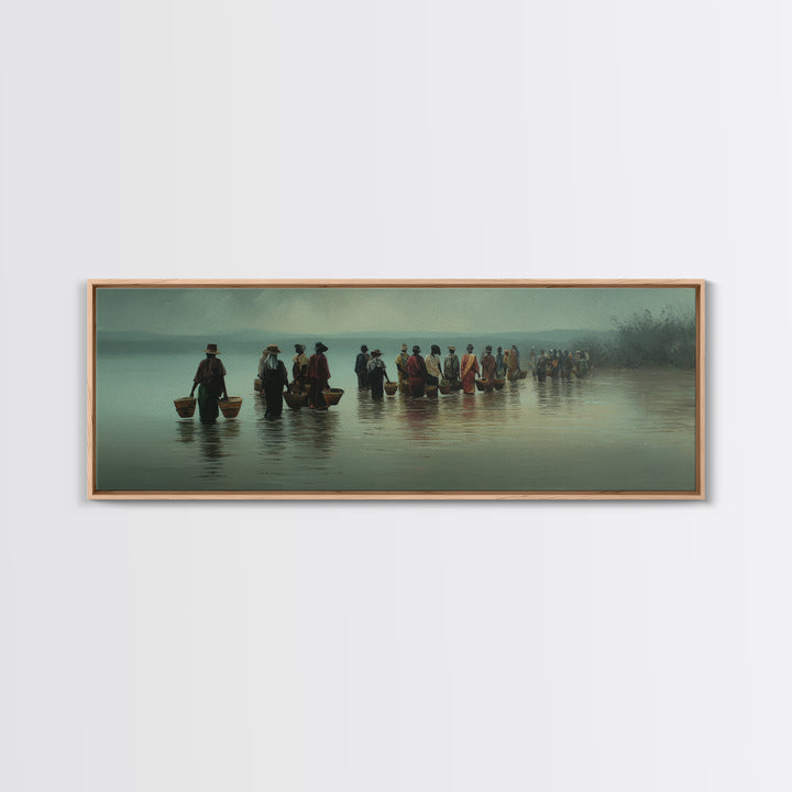 Misty African Fishermen Procession Wall Art, Panoramic Lake Landscape, Cultural African Decor, Serene Safari Home Decor Gift