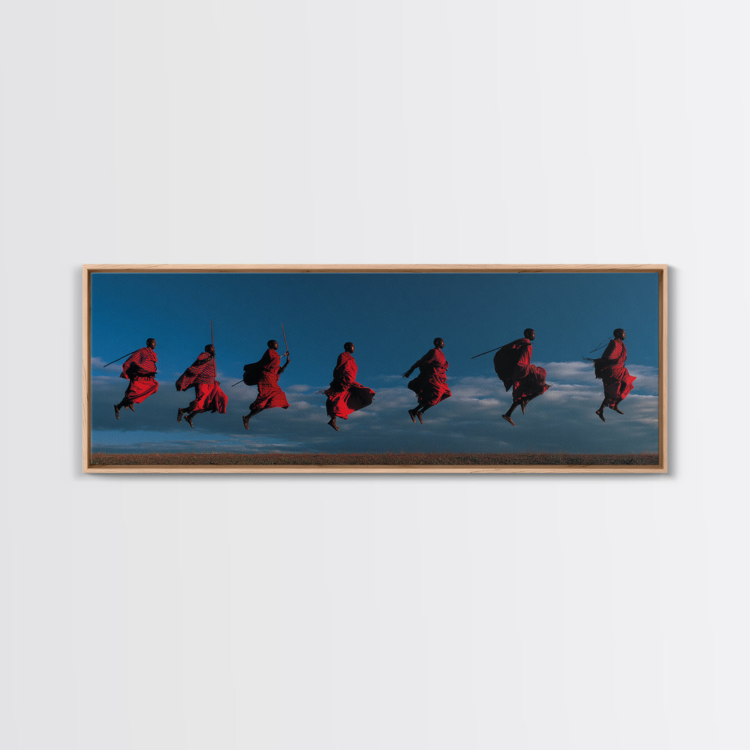 Red Maasai Warriors Leaping With Spears Wall Art, Panoramic African Tribal Art, Safari Decor, Bold Cultural Home Decor Gift