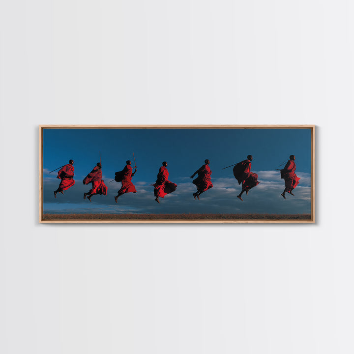 Red Maasai Warriors Leaping With Spears Wall Art, Panoramic African Tribal Art, Safari Decor, Bold Cultural Home Decor Gift