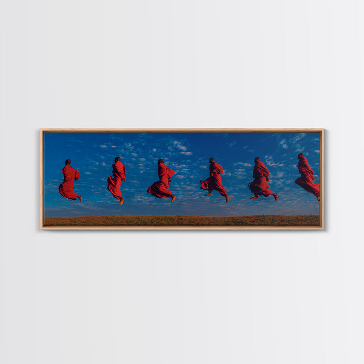 Floating Red Maasai Dancers Framed Canvas Print, African Wall Art, Tribal Safari Decor, Vibrant Cultural Living Room Art