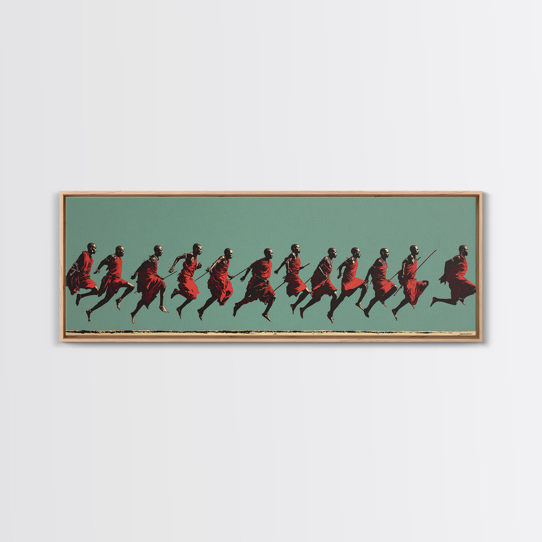 Dynamic Maasai Warriors Running Wall Art, African Warrior Art, Tribal Culture Canvas, Panoramic Safari Home Decor Art Gift