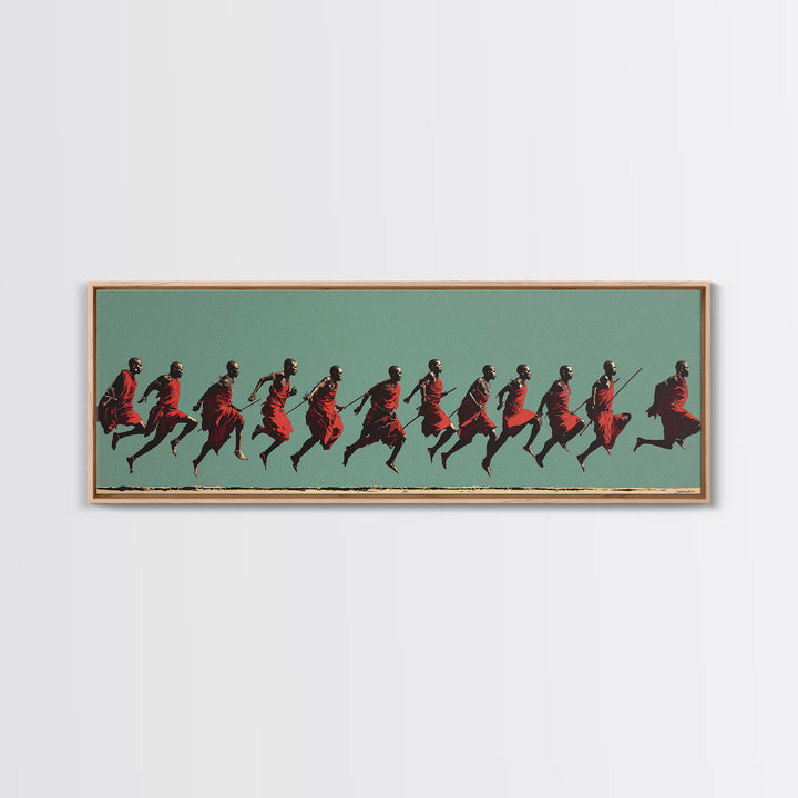 Dynamic Maasai Warriors Running Wall Art, African Warrior Art, Tribal Culture Canvas, Panoramic Safari Home Decor Art Gift