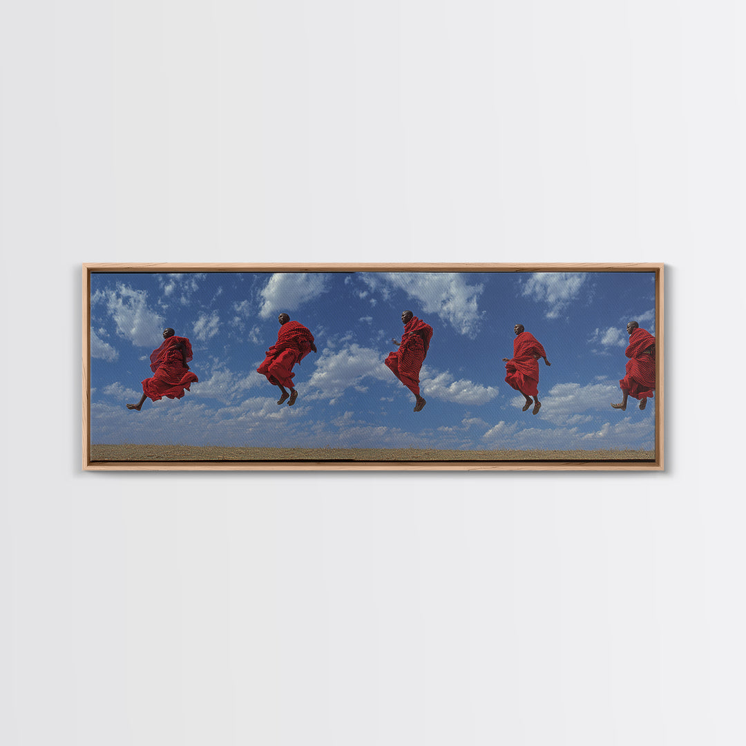 Airborne Maasai Dancers Under Clouds Canvas Print, African Wall Art, Red Tribal Safari Decor, Cultural Statement Gift For Home
