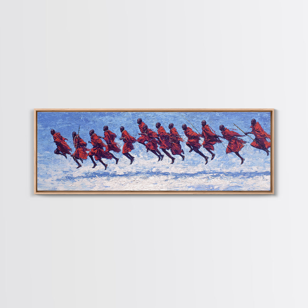 Blue Textured Maasai Warriors Running Wall Art, Abstract African Art, Tribal Safari Decor, Vibrant Panoramic Canvas Print