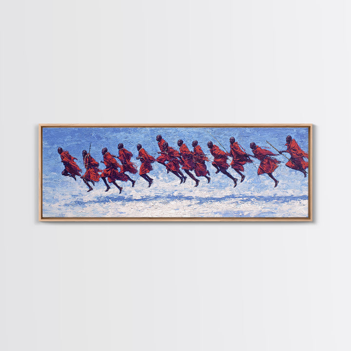 Blue Textured Maasai Warriors Running Wall Art, Abstract African Art, Tribal Safari Decor, Vibrant Panoramic Canvas Print