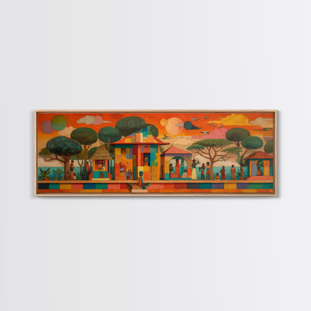 Modern African Village Framed Canvas Print, Sunset Trees And Colorful Homes, Afrocentric Landscape Decor, Cultural Wall Art