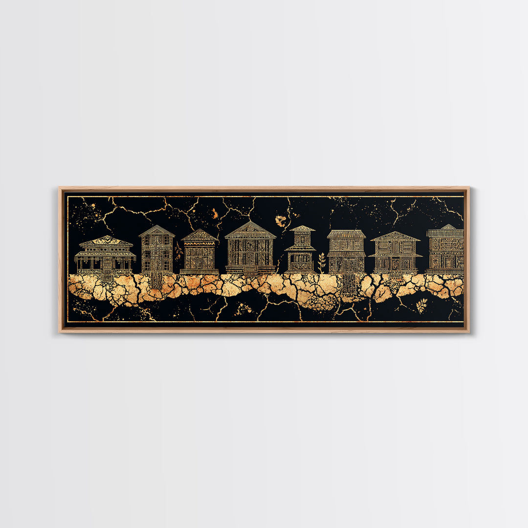 Gold African Village Wall Art, Black Crackle Line Houses, Tribal Architecture Print, Luxury Afrocentric Statement Decor Gift