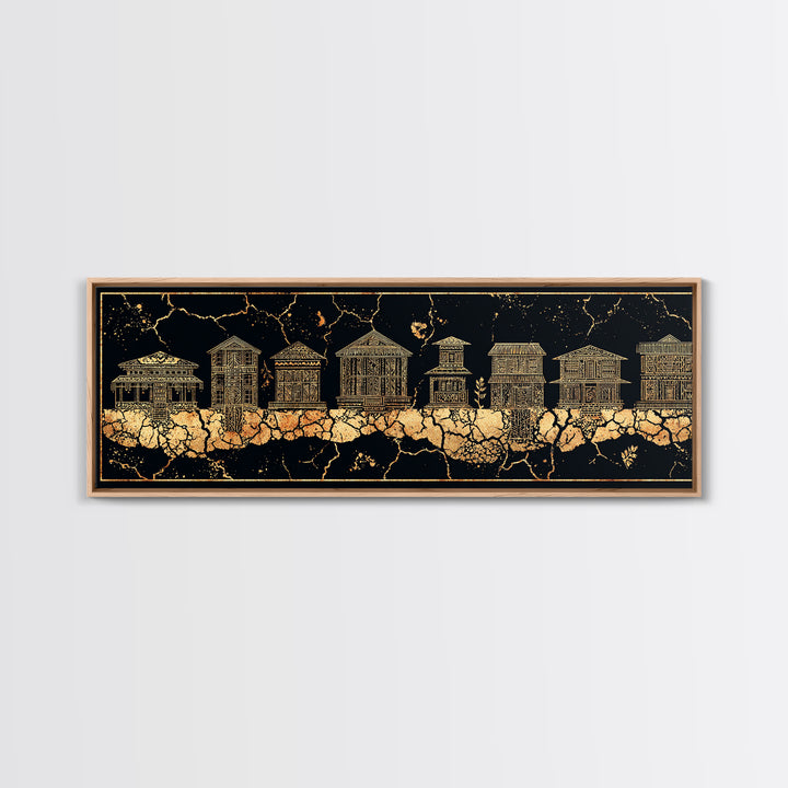 Gold African Village Wall Art, Black Crackle Line Houses, Tribal Architecture Print, Luxury Afrocentric Statement Decor Gift