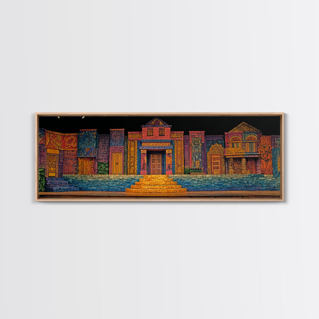 Colorful African Village Night Street Wall Art, Folk Architecture Canvas Print, Afrocentric Home Decor, Vibrant Townscape