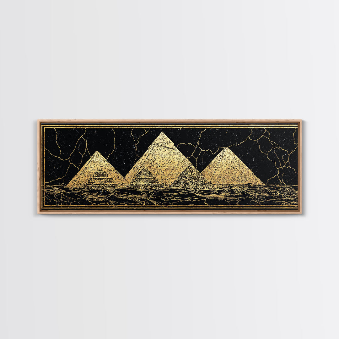 Gold Egyptian Pyramids On Black Wall Art, African Egyptian Art Canvas Print, Ancient Africa Decor, Luxury Abstract Poster