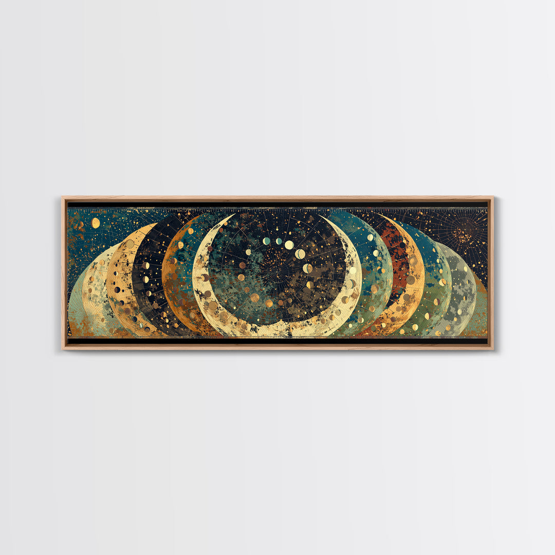 Layered Crescent Moon Abstract Wall Art, Mystical Wall Art, Boho African Inspired Canvas Print, Teal Gold Home Decor Gift