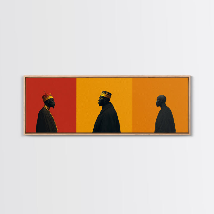 Three African Kings Profile Framed Canvas Print, Royal Black Men Portrait, Afrocentric Wall Decor, Bold Orange Art For Home