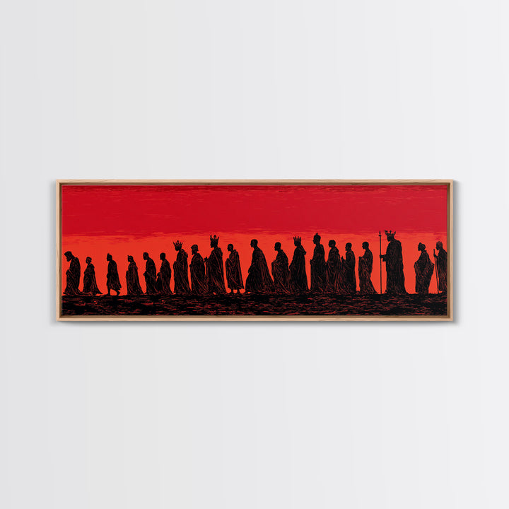 Red Sunset African Procession Wall Art, Tribal Silhouette Landscape, Panoramic Black Culture Home Decor For Living Room Gift