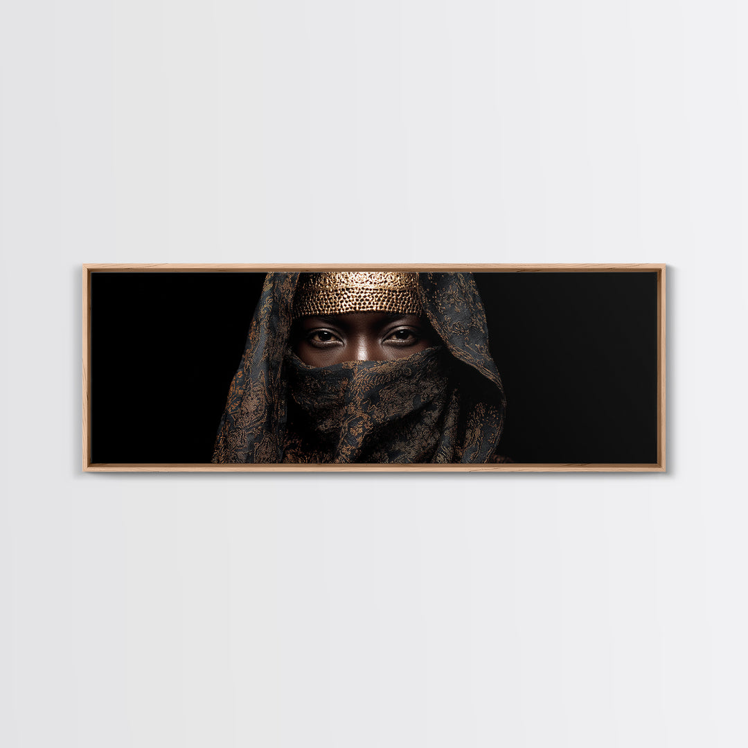 Veiled African Queen Canvas Print, Black Woman Portrait, Gold Jewelry Canvas, Afrocentric Wall Decor, Elegant Home Art Gift