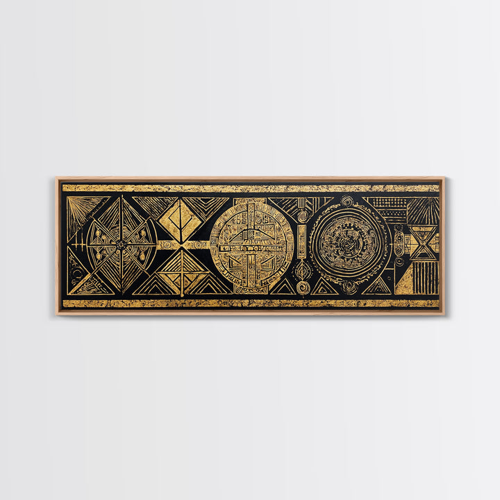 Black Gold Tribal Geometry Wall Art, African Patterns Painting, Kuba Inspired Textile Art, Luxury Canvas Decor For Home Gift