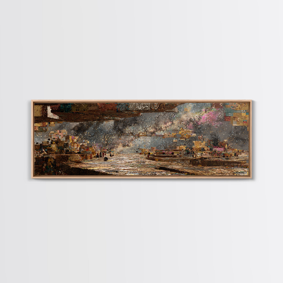Starlit African Harbor Wall Art, Dreamy Landscape Painting, Abstract City Lights, Textured Art Print For Living Room Decor