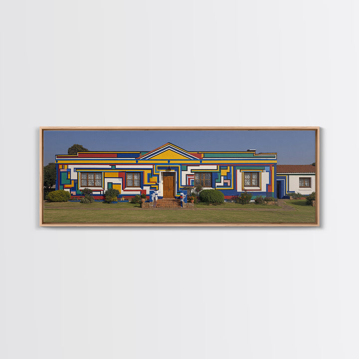 Bright Ndebele House Canvas Print, South African Art Decor, Geometric Pattern Facade, Cultural Wall Decor For Living Room