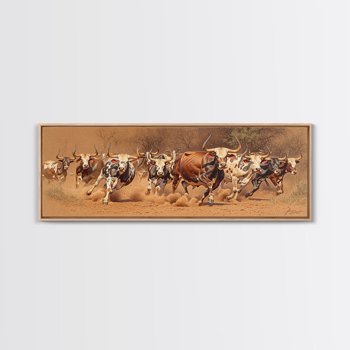 Charging African Cattle Herd Canvas Print, Safari Animal Wall Art, Rustic Ranch Decor, Brown Earth Tone Living Room Art Gift