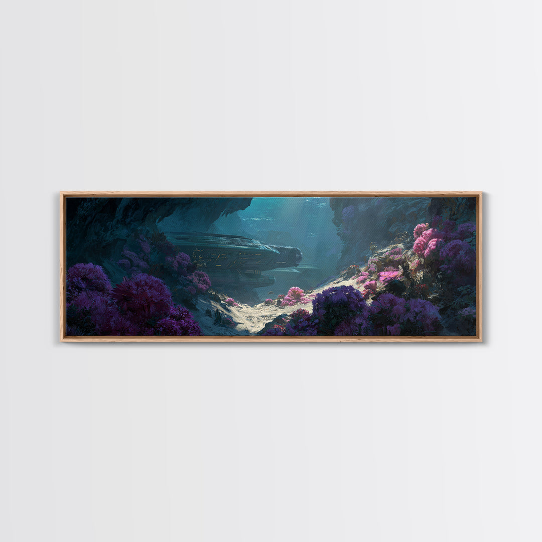 Sunlit Alien Cave Landscape Wall Art, Dreamy Floral Digital Art, Sci Fi Nature Scene, Unique Canvas Print For Modern Decor