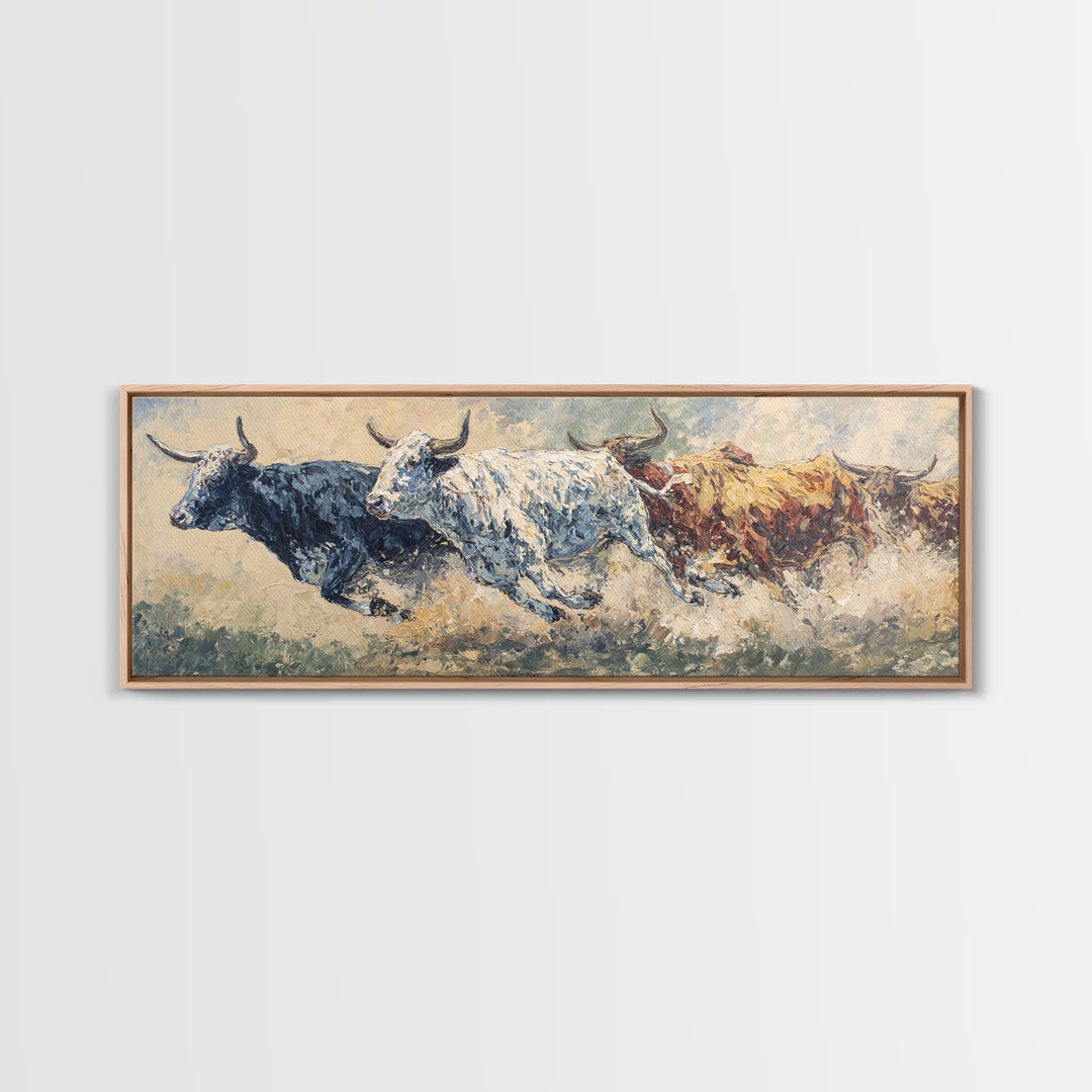 Three Running Bulls Framed Canvas Print, Textured Animal Painting, Rustic Safari Wall Art, Earth Tone Decor For Living Room