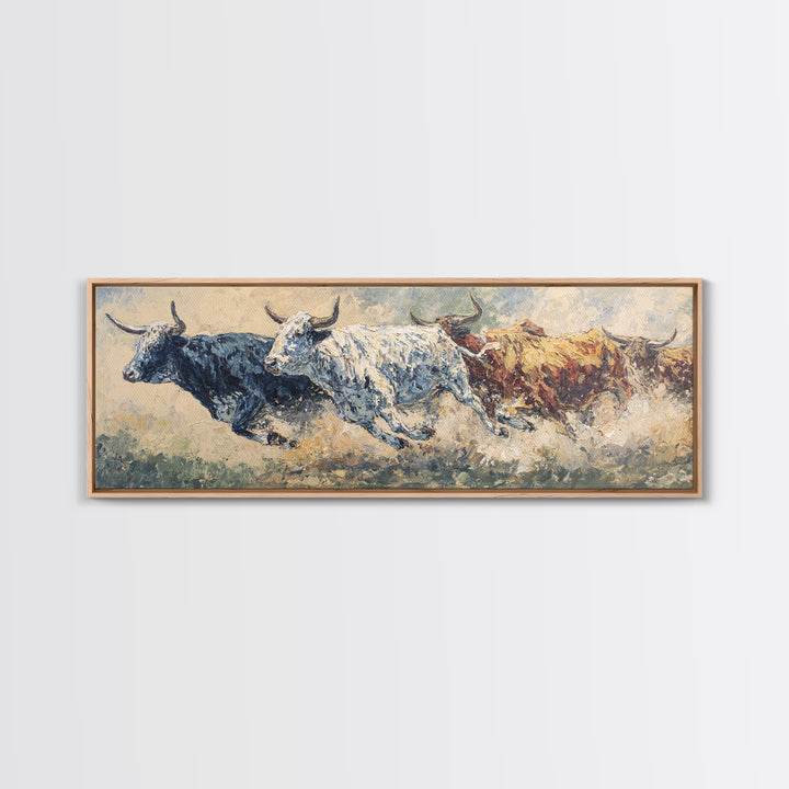 Three Running Bulls Framed Canvas Print, Textured Animal Painting, Rustic Safari Wall Art, Earth Tone Decor For Living Room