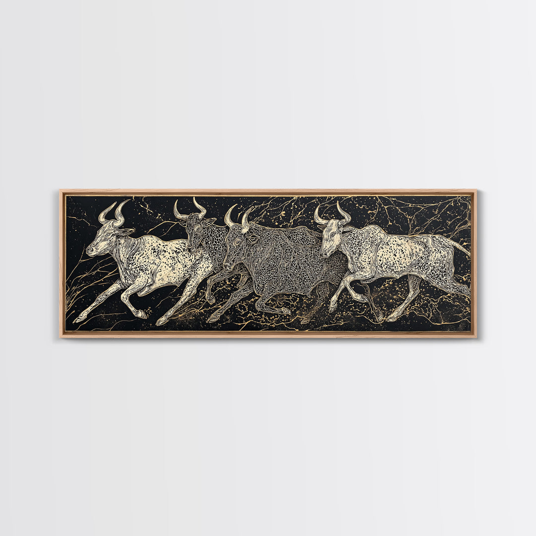 Black And Gold Longhorn Cattle Wall Art, Tribal Animal Print, Rustic Western Decor, Bold Textured Canvas Print For Home Decor