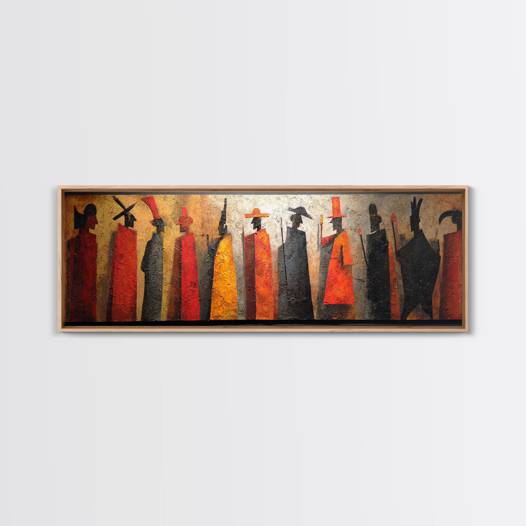 Tall Tribal Figures Framed Canvas Print, African Warrior Art, Afrocentric Wall Art, Cultural Home Decor, Bold Tribal Art Decor