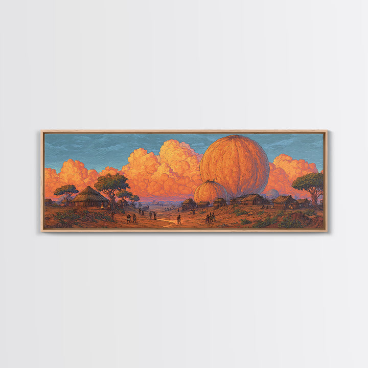 Orange African Savanna Baobab Village Wall Art, Afrocentric Landscape Canvas, Safari Decor, Earth Tone Living Room Print